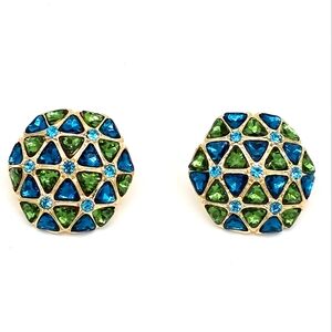 Large Crystal Earring Blue and Green Gold Tone Pierced Ears. New